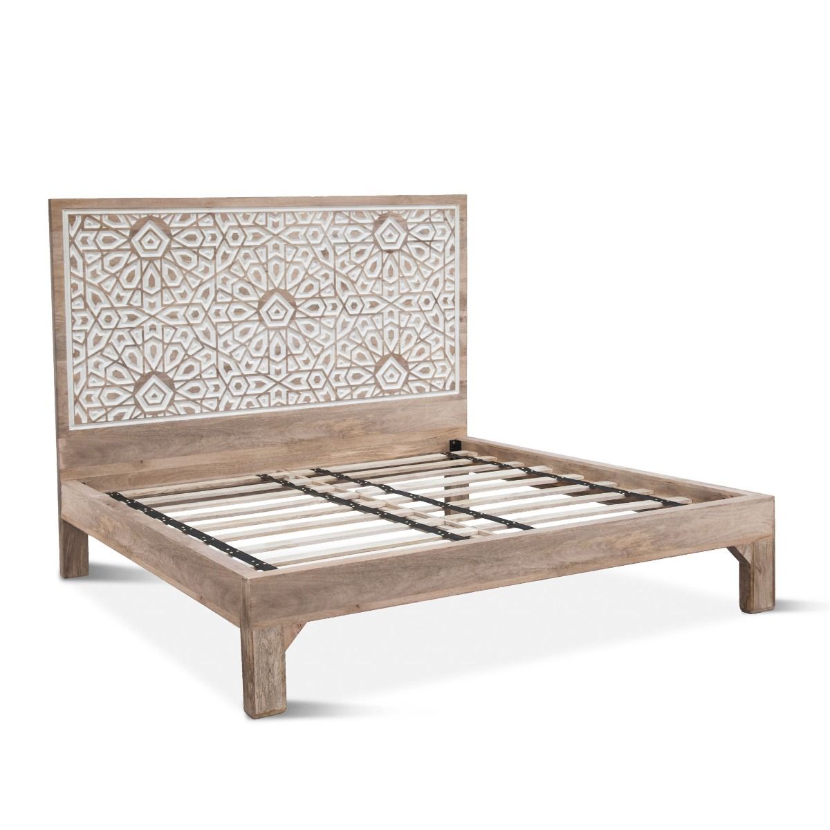 Haveli King Bed Carved, Natural White